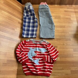 Mini Boden shark sweater and striped pants bundle, 12-18 mos, 3 pieces, pull on